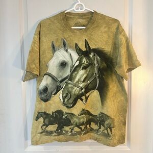 Vintage The Mountain All Over Print Green Horses Cotton Tee, Large